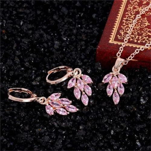White Champagne Red Pink Pendant necklace Gold Quality cubic zirconia leaf earrings set
