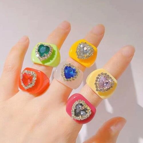 Korean Charms Candy Color Shiny Crystal Heart Rings For Women Cute Vintage DIY Harajuku Resin Rings 90s Aesthetic Gifts New