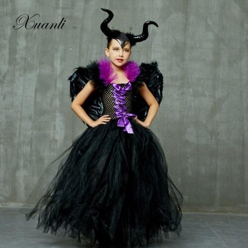 Maleficent Evil Queen Girls Tutu Dress with Horns Wings Halloween Cosplay Witch Costume for Kids Party Christmas Dress