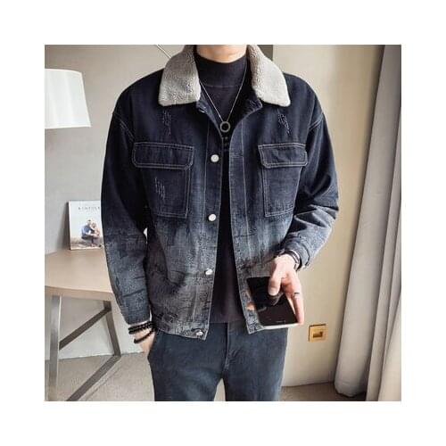 Mens Jackets Jeans Jacket Korean Hole Designs Streetwear Casual Coat Dress Warm Lamb Outwear Winter Thick Inside 2020