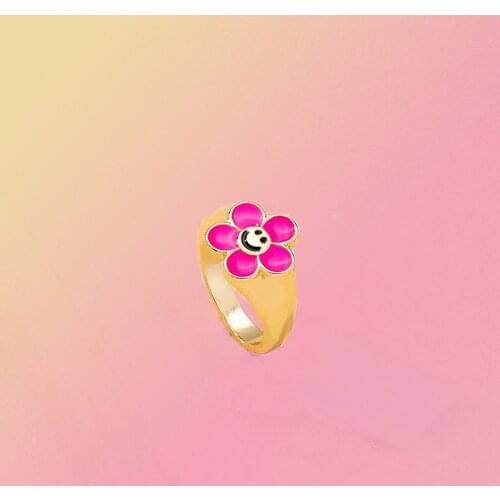 New Ins Creative Simple Pink Flower Ring Vintage Flower Smiley Rings For Women Girls Fashion Jewelry Gift
