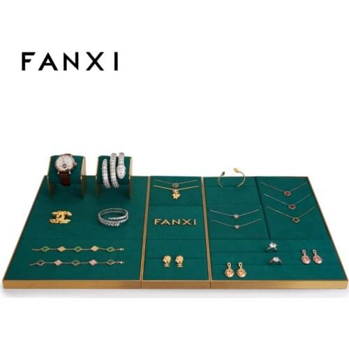 FANXI Green Metal Set Jewelry Display Props Microfiber Bangle Ring Necklace Bracelet Display Stands for Shop Cabinet