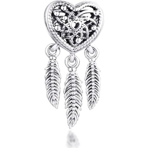 Fits Pandora Bracelet Openwork Heart & Three Feathers Dreamcatcher Charm 925 Sterling Silver Beads for Jewelry Making kralen