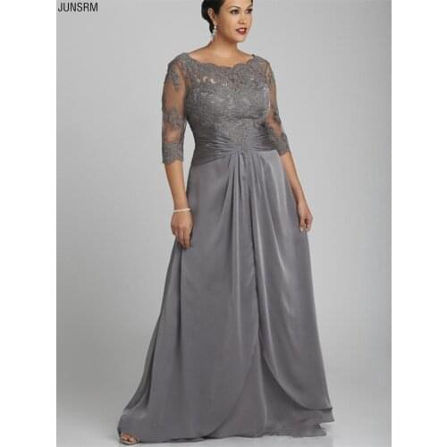 Popular Style Plus Size Gray Mother of the Bride Dress Half Sleeve Scoop Neck Lace Chiffon Floor Length Formal Gowns Custom Made