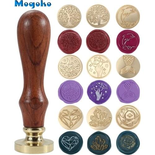 Mogoko 25mm Sealing Wax Stamps Vintage Brass Head Wood Handle Wax Seal Stamp Envelope Decor Mermaid/Jumping Dolphin/Heart/Crysta