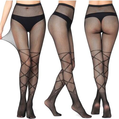 Women Out Tights Sexy Lady Stockings Hollow Mesh Tattoos Jacquard High Fishnet Embroidery Transparent Black Lace Pantyhose