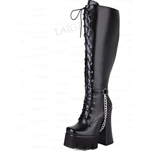 LAIGZEM Women Knee High Boots Zip Up Chunky High Heels Wide Calf Friendly Tall Boots Cosplay Shoes Woman Big Size 35 39 41 43