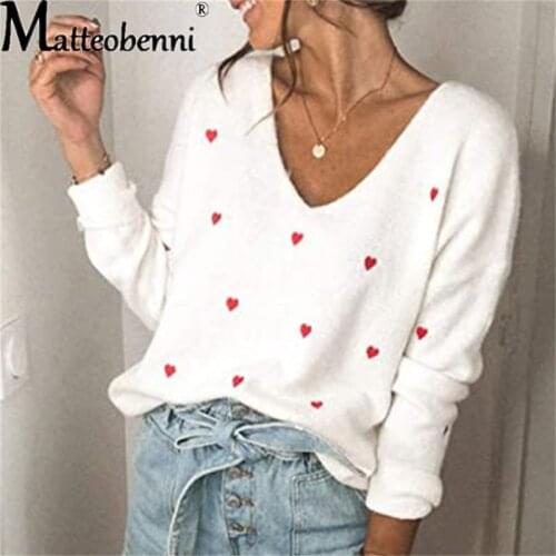 Love Dot Printed V-Neck Knitted Pullover Loose Large Sweaters Womens Casual Acrylic Long Sleeve Sweater 2021 Autumn Winter New