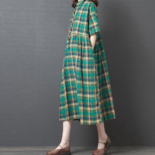 Casual Plaid Short Sleeve Pockets 2021 Summer Women Loose Large Size Dress Holiday Female Vestidos