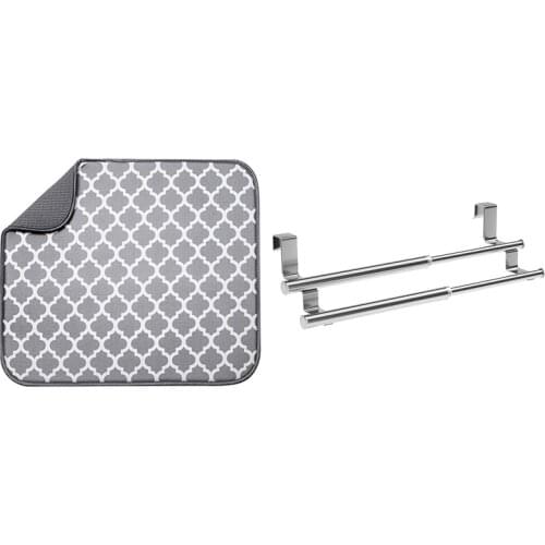 1 Pcs Kitchen Countertop Suction Mat Tableware Cup Bowl Dish Drain Pad & 1 Pcs Over Cabinet Double Towel Bar Rack