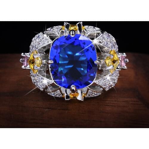 2021 Luxury fashion flower colorful zircon fox sapphire ring 925 silver personality temperament engagement wedding party girl