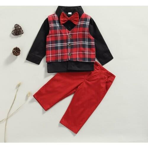 2021 6-36M Infant Baby Boy Gentleman Clothing Set Black Solid Long Sleeve Shirt+Bow-tie+Plaid Vest Coats+Red Pants Autumn 4pcs