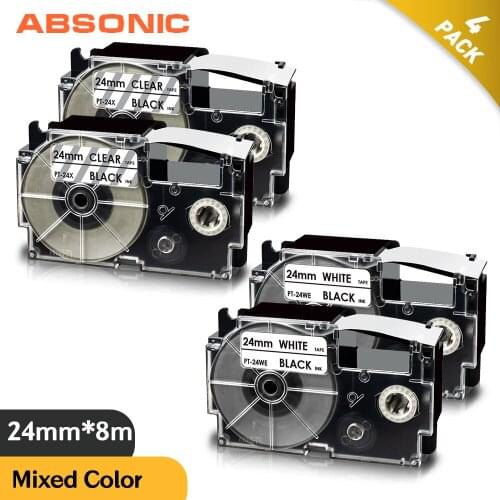 Absonic 4PCS XR-24X XR-24WE 24mm Labeling Tape Black on Clear White Compatible For Casio CWL300 KL430 KL7000 EZ- Label Printer
