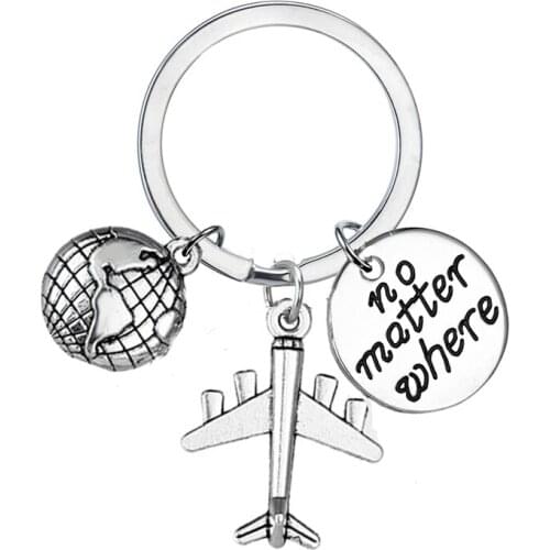 12PC/Lot No Matter Where Globe Earth Airplane Charms Keychain For Wanderlust Traveler Jewelry Keyring Women Men Key Chains Gift