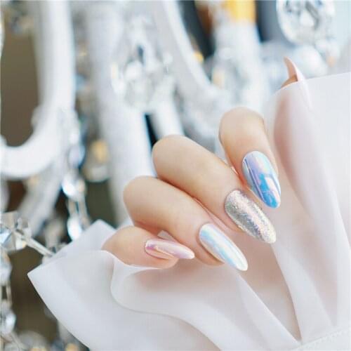 Ins Aurora of 5 colors false nails french 24pcs with glue middle-long size lady full nail tips bride fake nails Nail art