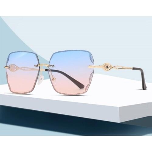 Fashion Rimless Sunglasses Women Trendy Engraved Metal Square Sun Glasses Summer Traveling Style UV400 Blue Pink Shades for men