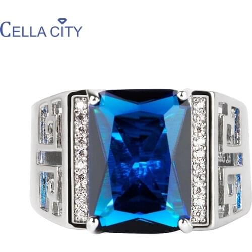 Cellacity Classic Silver 925 Jewelry Rings For Man rectangle shape Sapphire Gemstones Open adjust size Fine Jewelry Gifts