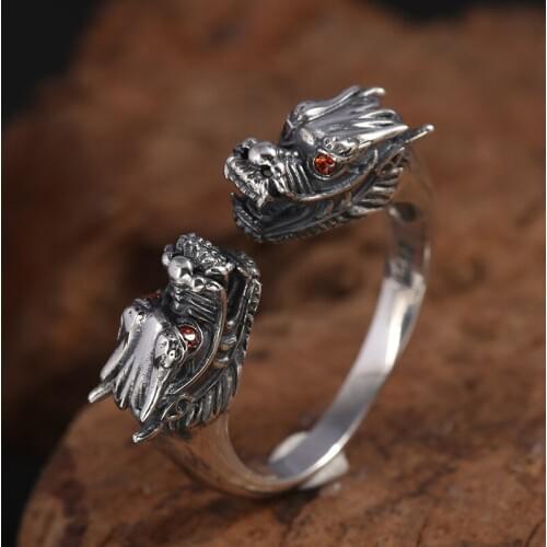 Men Ring 925 Sterling Silver color Double Dragon Head Ring Opening Vintage Thai Silver color Ring Brand Fashion Jewelry Birthday