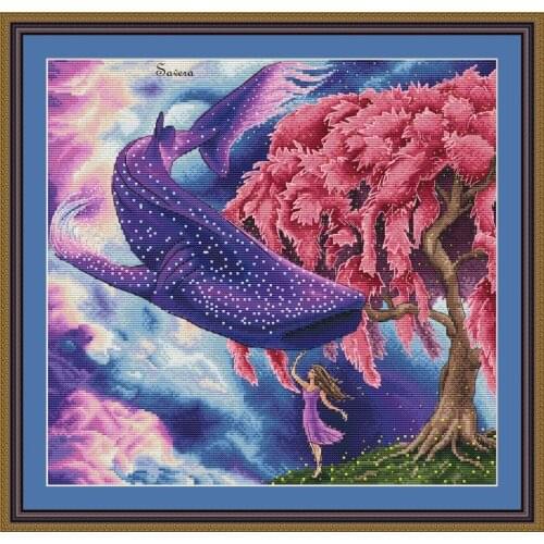 Girl and the Blue Whale 45-43 Cross Stitch Set Cross-stitch Kit Embroidery Needlework Craft Packages Cotton Fabric Floss