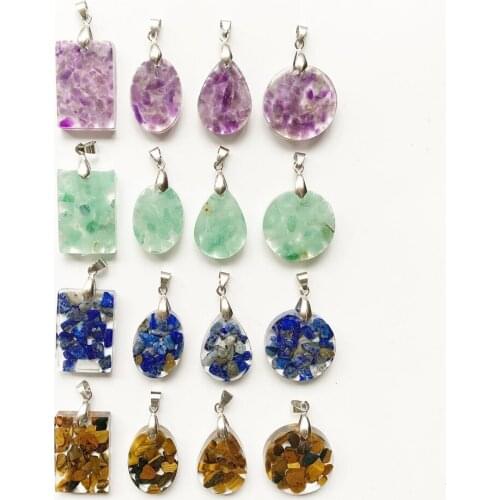 Natural Amethyst Crystal Aventurine Blue Lapis Tiger Eye Stones Chips Resin Pendant Energy Healing Oval Round Teardrop Rectangle