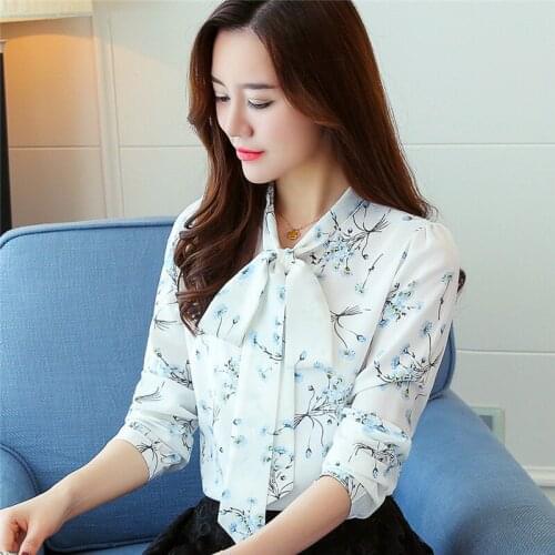 Spring and autumn new womens small shirt Korean version of long-sleeved lace-up blouse printed chiffon shirt casual shirt
