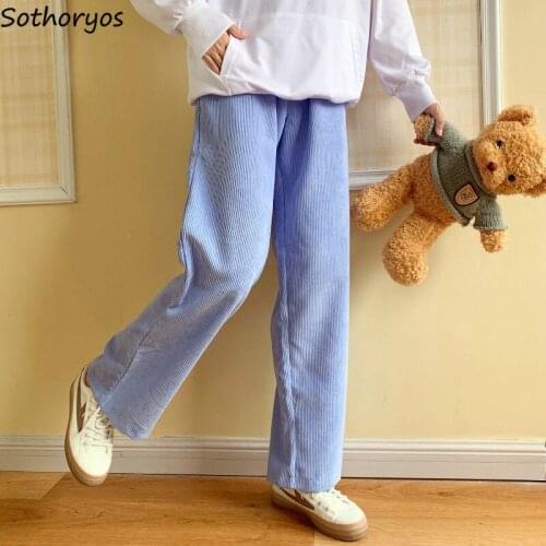 Autumn Warm Casual Pants Women Corduroy Straight Trousers High Waist Ins Fashion Solid Sweet Cute All-match Students Simple Chic