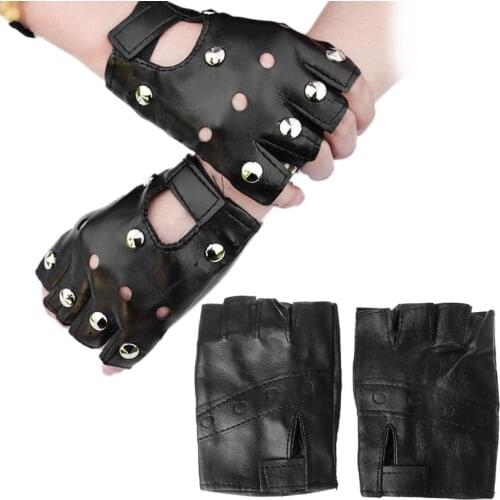 Men Unisex Artificial Leather Half-Finger Gloves Theatrical Punk Hip-Hop Driving Motorcycle Performance Party Fingerless Mittens