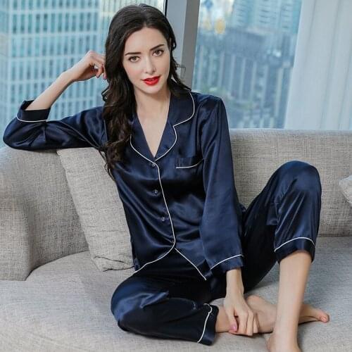 2020 Real Silk Pajama Sets Female Summer Long-Sleeve Two-Piece 100% SILK Sleepwear Woman Soft Cool Nightwear Homewear T77166