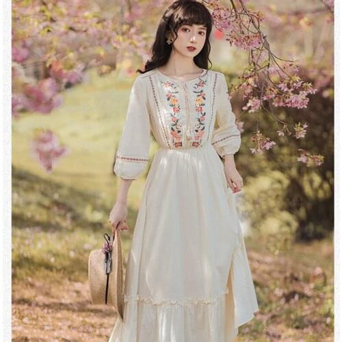 French Retro Dress Women Summer 2021 New Bowknot Lace Flower Embroidery Retro Girl Chic Seven-point Lantern Sleeve Vestidos
