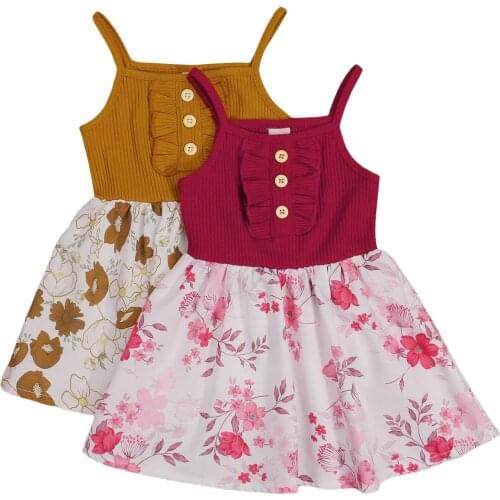 New Girls Casual Slip Dress, Boat Neck Sleeveless Floral Printed Pattern Sundress Brown/ Wine Red