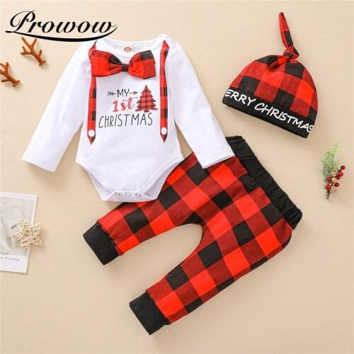 Prowow My First Christmas Costume For Baby Boys Clothes Set Newborns Bobysuit+Plaid Pant Festival Kids Toddlers Boys Clothing