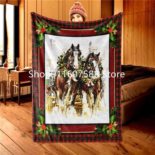 Christmas Horse Throw Blanket Super Soft Warm Winter Flannal Blanket Santa Claus Car Bedspread Bed Cover For Children Adult Sofa