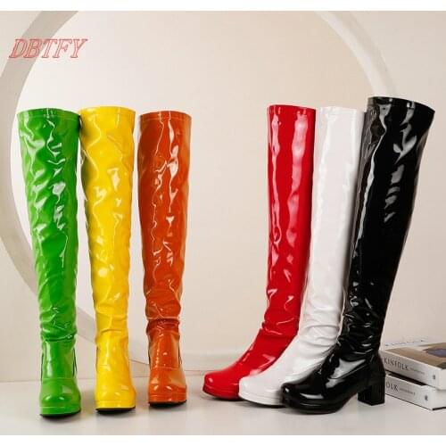 Winter Womens Shoes Fashion Patent Leather Over the Knee Boots Autumn Ladies Boots Square High Heel Zipper Boots Platform Boots