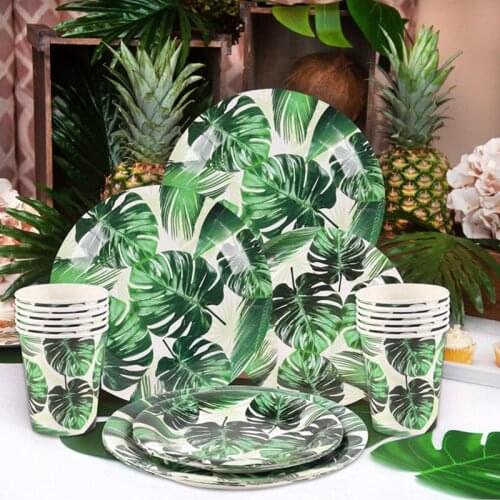 Happy Hawaiian Tableware Artificial Tropical Palm Leaves Disposable Tableware Jungle Beach Theme Luau Party Supplies Decoration