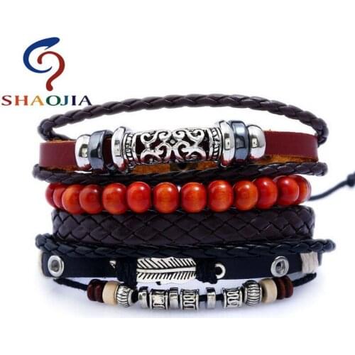 SHAOJIA Weave Leather Beaded Hemp Rope Alloy Bracelet & Bangles Women Leather Lace-up Charm Bracelets Punk Feather Men Jewelry