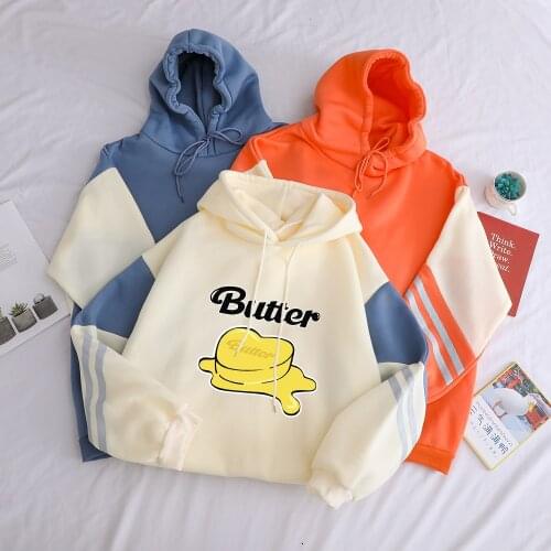 Bangtan Boys Hoodie Kawaii Butter Print Women Sweatshirts Casual Harajuku Loose Hit Color Stitcing Fleece y2k Tops Woman Clothes