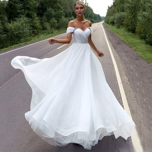 Sweetheart Off Shoulder Pleats Buttons Tulle A-Line Wedding Dress 2021 Vestido De Noiva Bridal Gown
