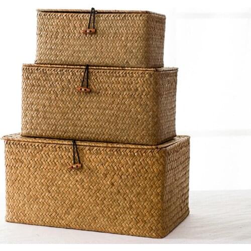 New Vintage Seaweed Woven Storage Basket Box Girl Cosmetic Makeup Bag Hand-woven Straw Clothes Debris Desktop Plastic Organizer