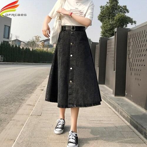 High Waist A Line Denim Skirt Women 2021 Summer New Arrivals Single Buttons Pockets Long Jean Skirts Free Belt Blue Black Jupe
