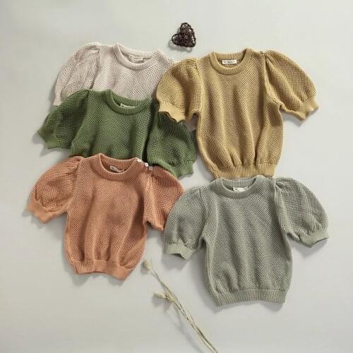 0-8Y Summer Fashion Kids Girls Knit T Shirts Tops 6 Colors Solid Puff Sleeve Pullover Tops