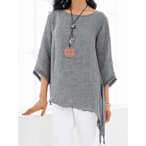 Casual Women Tops Plain Round Neck Loose Tops Spring Autumn Ladies 3/4 Sleeve Shirts Solid Color Side Slit Irregular T-shirts