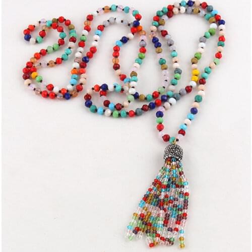 Fashion Bohemian Jewelry 6mm Multi Long Knotted Multi Crystal Tassel Necklace For Women Ethnic Necklace