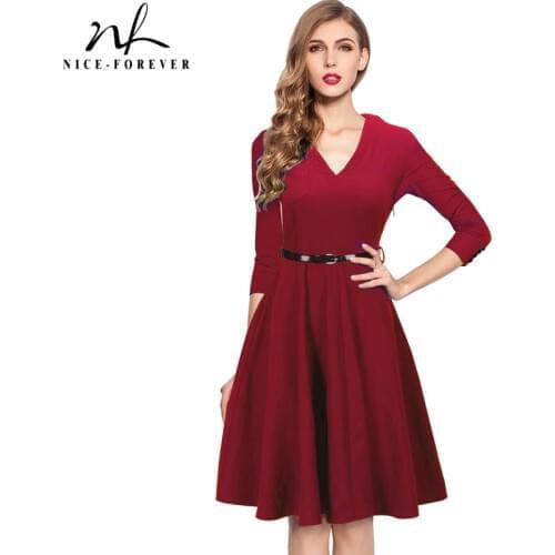 Nice-forever 1950s Retro Elegant Pure Color Dresses with Button Business Party Swing Flare Women Dress A006