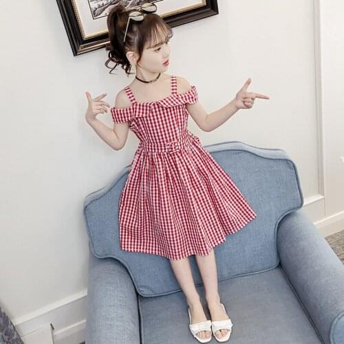 2020 girls summer dress children clothes kids dresses for girls clothes princess dress fashion shoulder off plaid dress vestidos