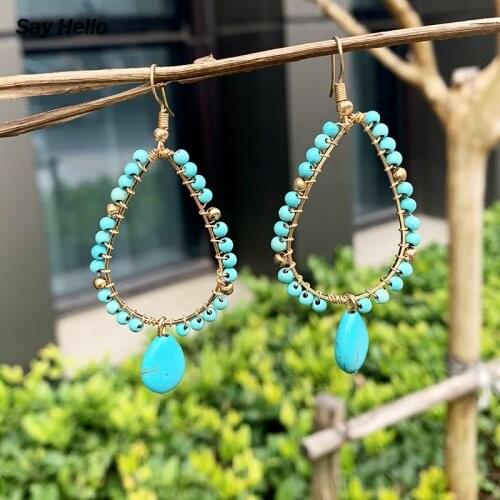 SAY HELLO Bohemia Turquoises Drop Shaped Beaded Stone Large Circle Dangle Earrings Party Gift Women A0102