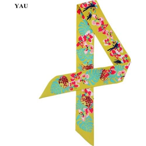 Brand 95cm*5cm Leaves Flower Printed Bag Strap Small Scarf Women Twill Silk Scarf Headband Long Scarves Bag Accessories Ribbon
