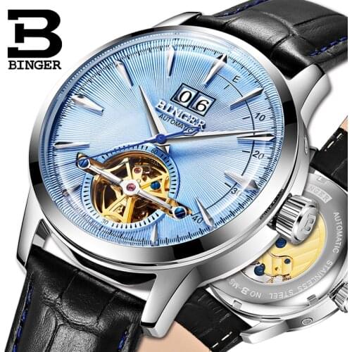 Switzerland BINGER Mens Business Skeleton Automatic WristWatches Sapphire Crystal Japan SEIKO Mechanical Movement Reloj Hombre