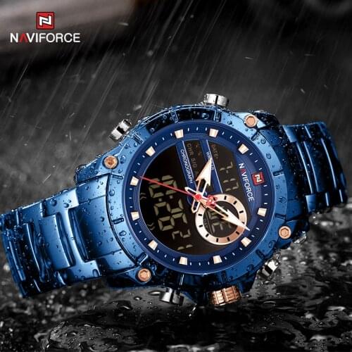 NAVIFORCE Watches for Men Fashion Sport Dual Display Quartz WristWatch Top Luxury Military Stainless Steel Waterproof Clock 9163