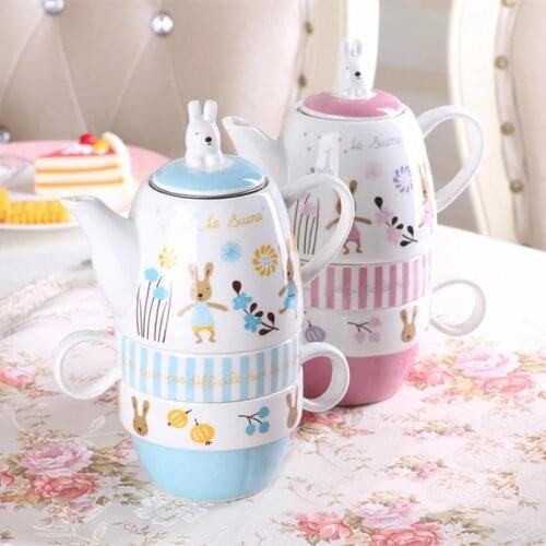 Cute Rabbit Teapot Cup Set With Tea Infuser Ceramic 1 Pot 2 Cups Cartoon Coffe Mug Drinkware