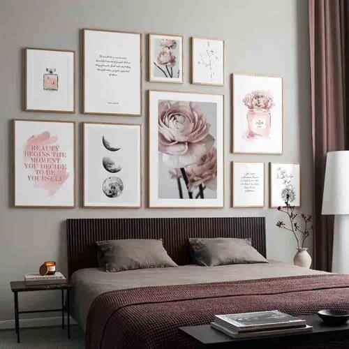 Flowers Canvas Art Poster Nordic Style Pink Peonies Decorative Print Wall Painting Perfume Bottle Decoration Picture Home Decor